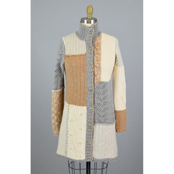 Sundance Sweaters - SUNDANCE LAMBSWOOL PATCHWORK BUTTON FRONT CABLE KNIT CARDIGAN
